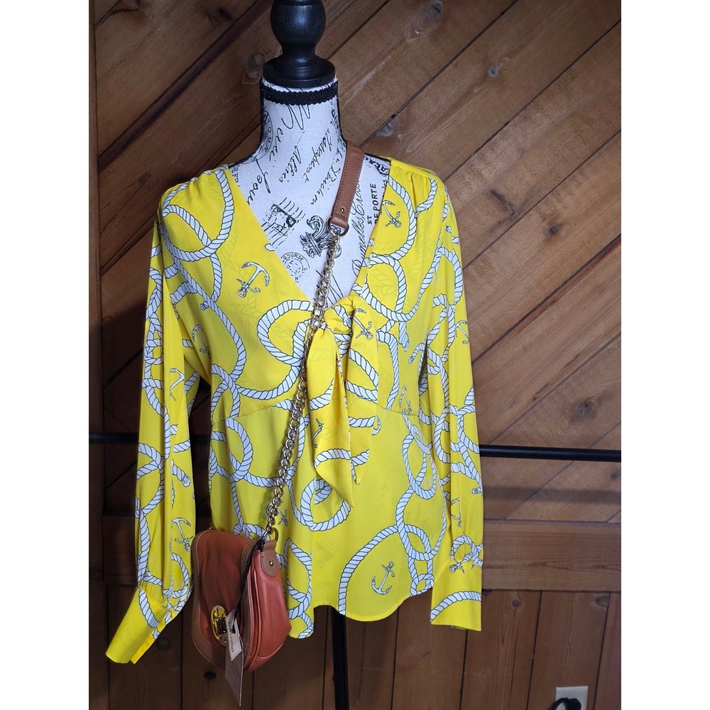 Yellow Nautical Rope Anchor Print Tie Front V-Neck Long Sleeve‎ Blouse Top Women